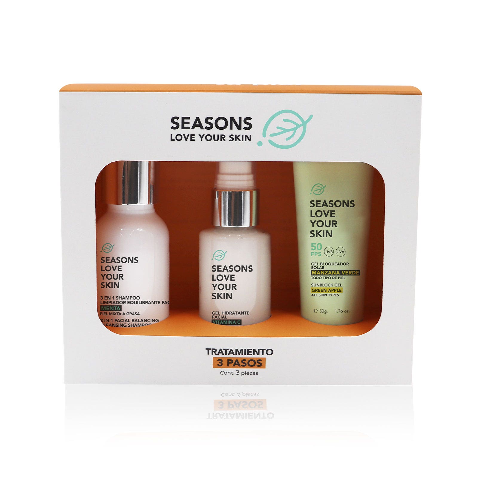 Seasons Love Your Skin Kit Tratamiento facial 3 Pasos – limpiador Menta + gel vitamina C + bloqueador solar manzana verde